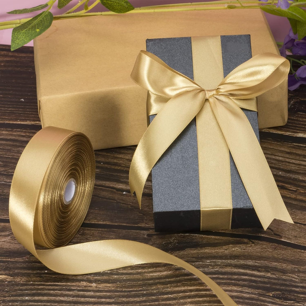 YASEO 1 Inch Champaign Gold Solid Satin Ribbon for Gift Wrapping, 50 Yards | Soft, Satiny, Colorfast, Polyester Fabric, Ease of Use, Bouquets, Decor, Crafting DIY, Leis, Christmas, Wedding
