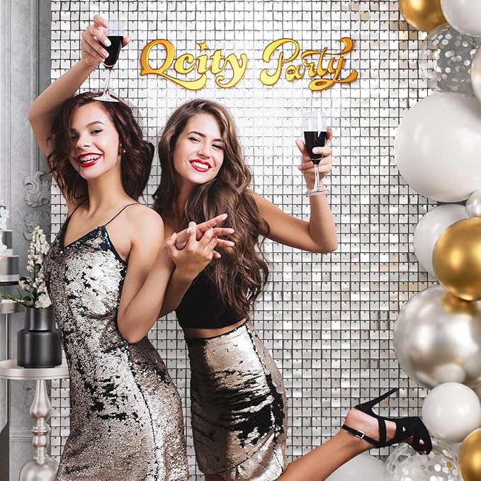 Qcity Matte White Sequin Wall Backdrop 24PCS, Black Back Not See-Through Design, Square Sequin Glitter Backdrop Panel, Perfect for Outdoor Events, Birthdays, Wedding and Party Decoration