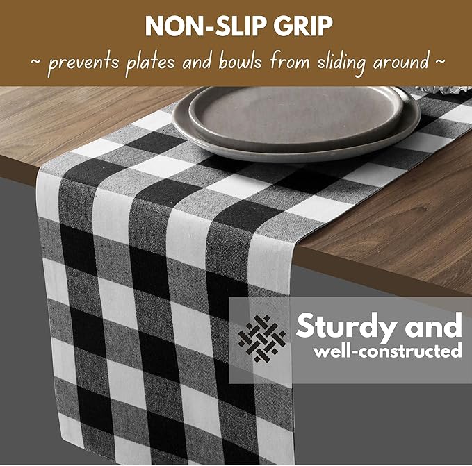 Native Fab Table Runner Buffalo Check Plaid 100% Cotton - 13x90 Inches Kitchen Dining Table Decoration for Indoor Outdoor Farmhouse Home Party Decor - Black and White