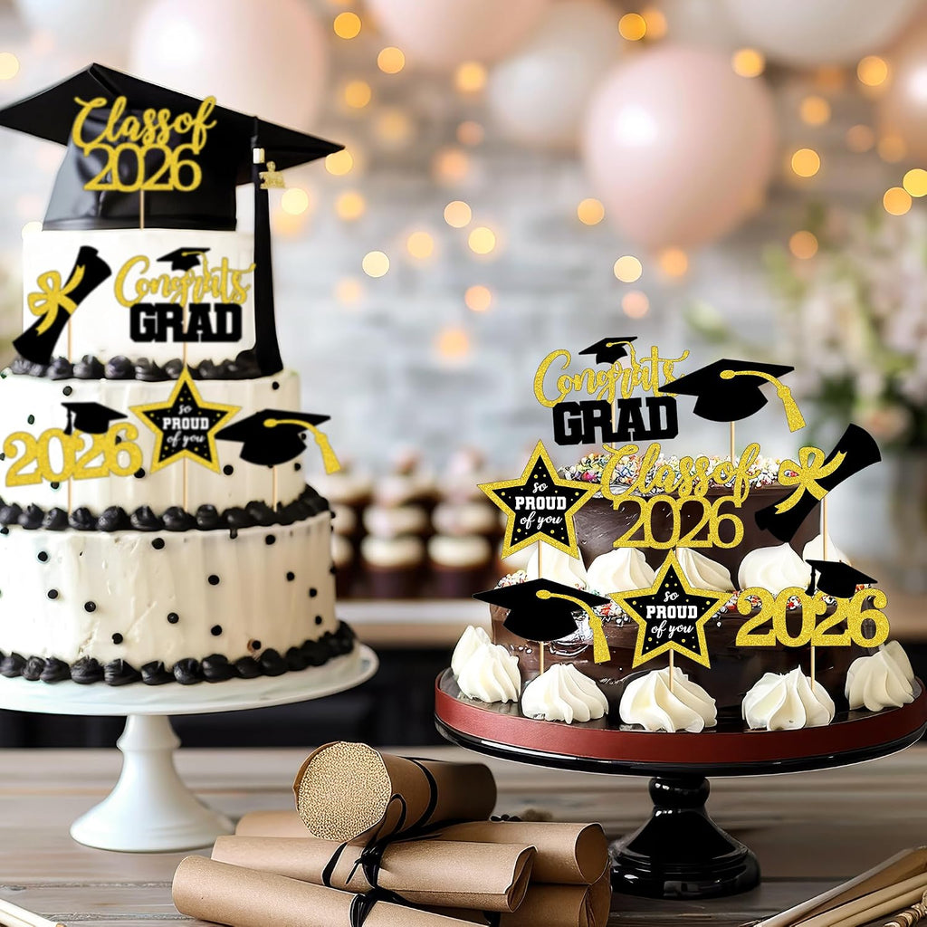 48 PCS Graduation Cupcake Toppers, 6 Styles Congrats Grad Cake Topper, Black and Gold Graduation Decorations 2026, Glittery Cap and Diploma Cake Picks for Grad Party Decor Supplies