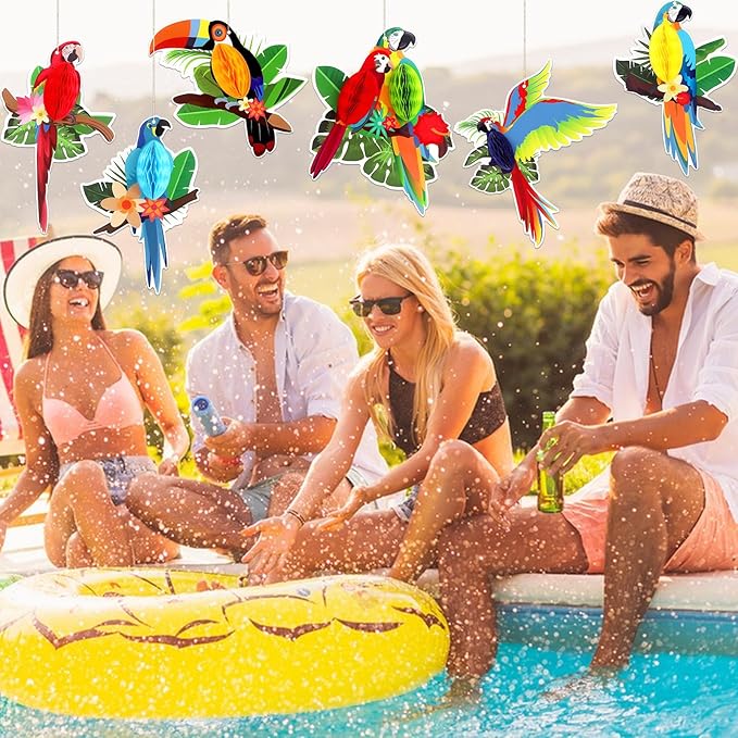 6Pieces Tropical Birds Honeycomb Parrot Paper Cutouts Decorations, Hawaiian Party Hanging Parrot Decorations for Luau Summer Rainforest Party Indoor Outdoor