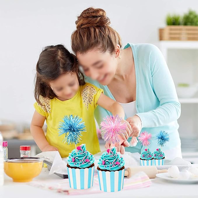 Ephlyn 30Pcs Foil Firework Cupcake Toppers Sparkle Tinsel Cupcake Picks Happy Birthday Cake Decorations Drink Stirrers Cocktail Food Toothpicks for Baby Shower Graduation Party Supplies Blue Pink