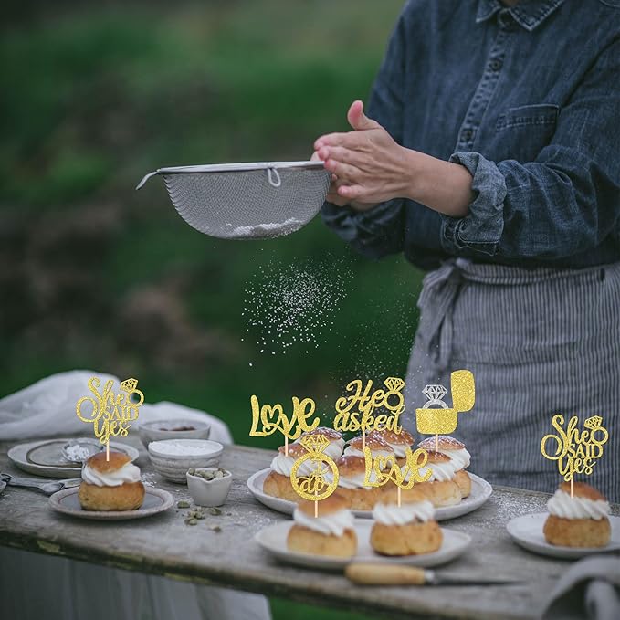 30 PCS He Asked She Said Yes Cupcake Toppers Love I Do Diamond Ring Cupcake Picks for Wedding Enaggement Bridal Shower Party Cake Decorations Supplies Gold