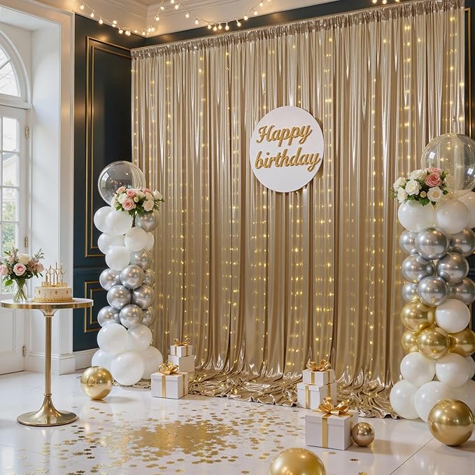 20x10 ft Champagne Sequin Backdrop Curtain with Lights for Parties, Wrinkle Free Glitter Photo Backdrop Drapes Shimmer Back Drop Cloth with Light Strings for Wedding Birthday Photography Background