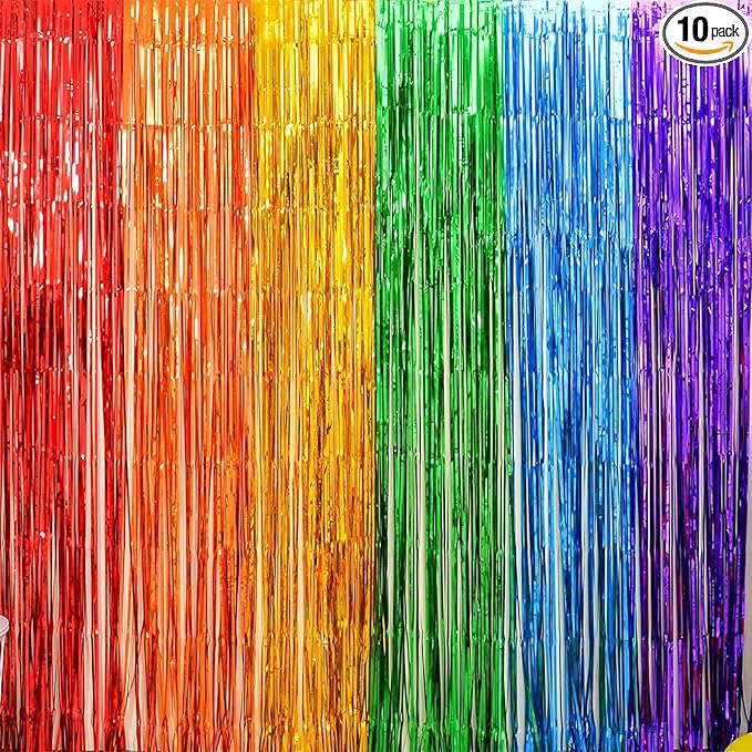 10 Pack Rainbow Backdrop Curtain 3.2ft x 8.2ft Metallic Tinsel Foil Fringe Curtains Photo Booth Background for Birthday Party Decoration Baby Shower Engagement Wedding Christmas Decoration (Rainbow)