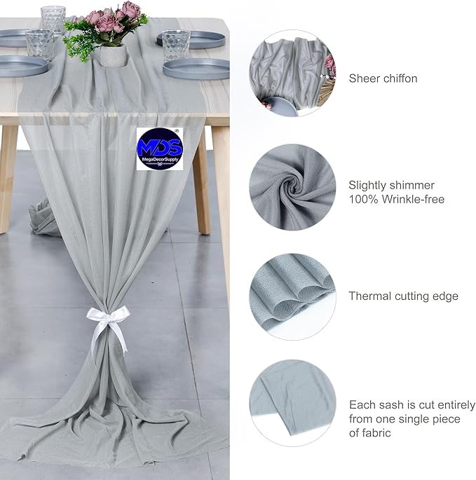 MDS 2 Pack 10ft Chiffon Table Runner 29 x 120 Inches Sheer Wedding Runner Romantic Rustic Table Runner for Wedding Decorations, Birthday Parties, Bridal Shower Party Arch Decor - Gray