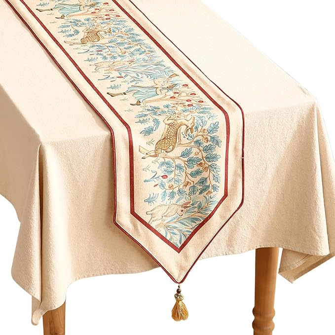 patdrea Designer Idyll Linen Extra Long Table Runner,Vintage Beige Farmhouse with Ancient Spring Figure and Animal Pattern Table Mat, Decoration for Kitchen Dining Banquet Christmas ,12"*102"