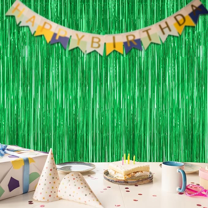 4 Pack Green Streamers, 3.28 FT x 7.05 FT Birthday Tinsel Backdrop, Metallic Green Foil Fringe Curtains Photo Booth Backdrop, Green Jungle Theme Decorations Birthday Decor