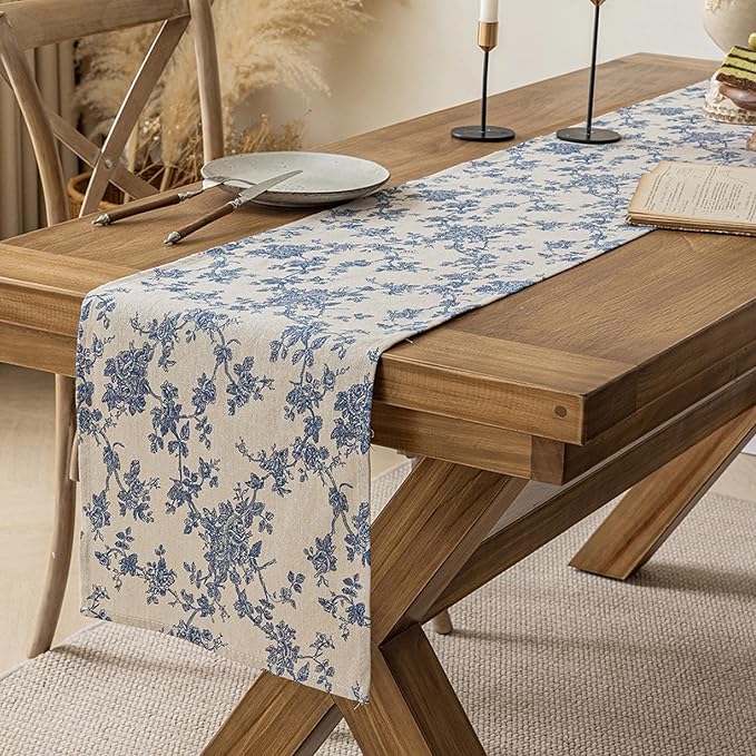 Pastoral Table Runner - 14 x 48 Inch Rectangle - Beige Linen - Washable Tabletop with Dust-Proof Wrinkle Resistant for Restaurant, Picnic, Indoor and Outdoor Dining, Floral (Dark Blue)
