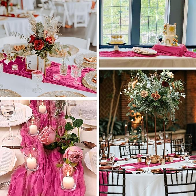 3 Pack Hot Pink Cheesecloth Table Runner Summer Sheer Fuschia Cheese Cloth Table Runner Boho Gauze 120 Inches Summer Table Decorations for Weddings Bridal Baby Shower Birthday Parties