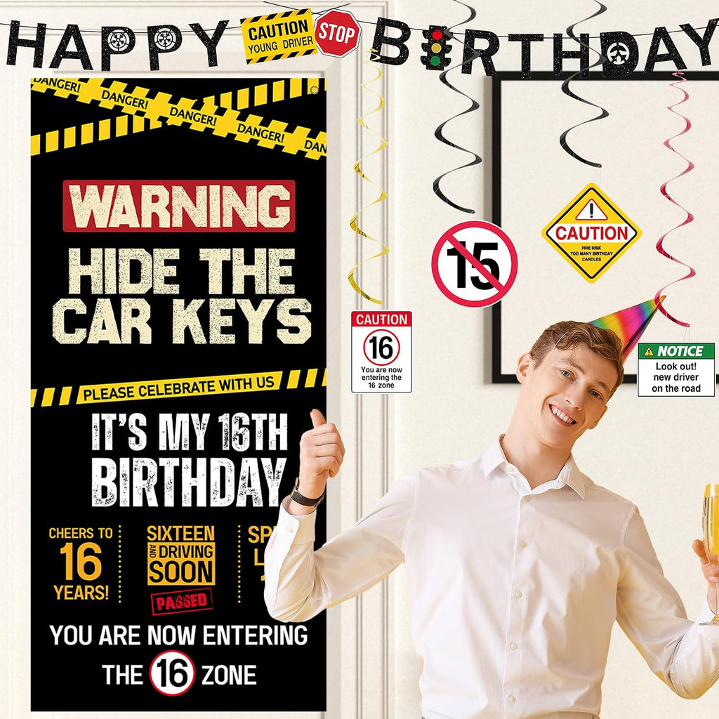 Roetyce 16th Birthday Decorations Boys Girls, Hide The Car Keys Happy 16th Birthday Banner Backdrop Balloons Hanging Swirls, Caution Logo Themed 16 Years Old Party Yard Door Wall Cover Background