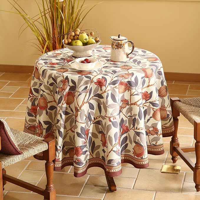 patdrea Designer Linen Round Tablecloth,Vintage Pomegranates and Leaves Tree Tablecloths,Fall Table Decor Cover for Kitchen Dining Christmas,Thanksgiving,Tea Party,Diameter 67"-Tehran a