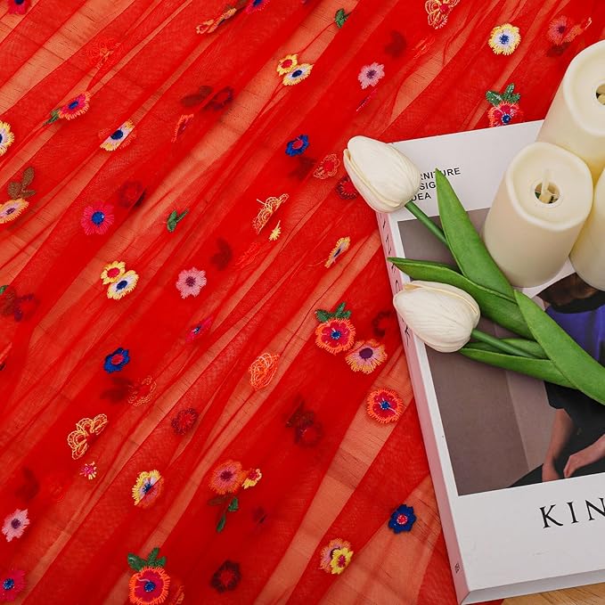 BINBE 3pcs Daisy Fall Table Runner Embroidery Gauze 10FT Florals Seasonal Tulle Holiday Birthday Kitchen Dining Table Decor for Home Party Red
