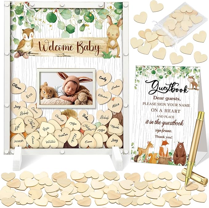 65 Pcs Woodland Animal Baby Shower Guest Book Alternatives He or She Gender Reveal Baby Shower Decorations Sign in Guest Book with Picture Frame and 60 Wooden Chip