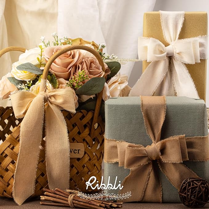 Ribbli 3 Rolls Beige Ribbon 1.5 Inch x 18Yards Ivory Nude Khaki Handmade Cotton Frayed Fringe Ribbons for Gift Wrapping Wedding Invites Bridal Bouquets Baby Shower DIY Crafts Home Decor