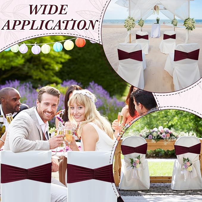 Moukeren 100 Pcs Spandex Chair Sashes Bows Bands Slider Sashes for Chair Covers Elastic Bands Ties Ribbon Decorations for Wedding Party Events Ceremony Birthday Banquet (Burgundy)