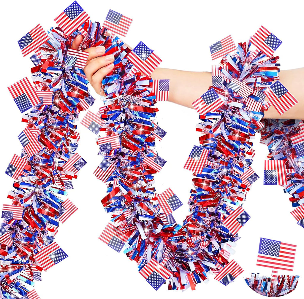 50 FT 4th of July Tinsel Garland Decorations, USA Flag Garlands Patriotic Decor for Memorial Day Independence Day 4th of July Indoor Outdoor Home Porch Red White and Blue Decor Supplies