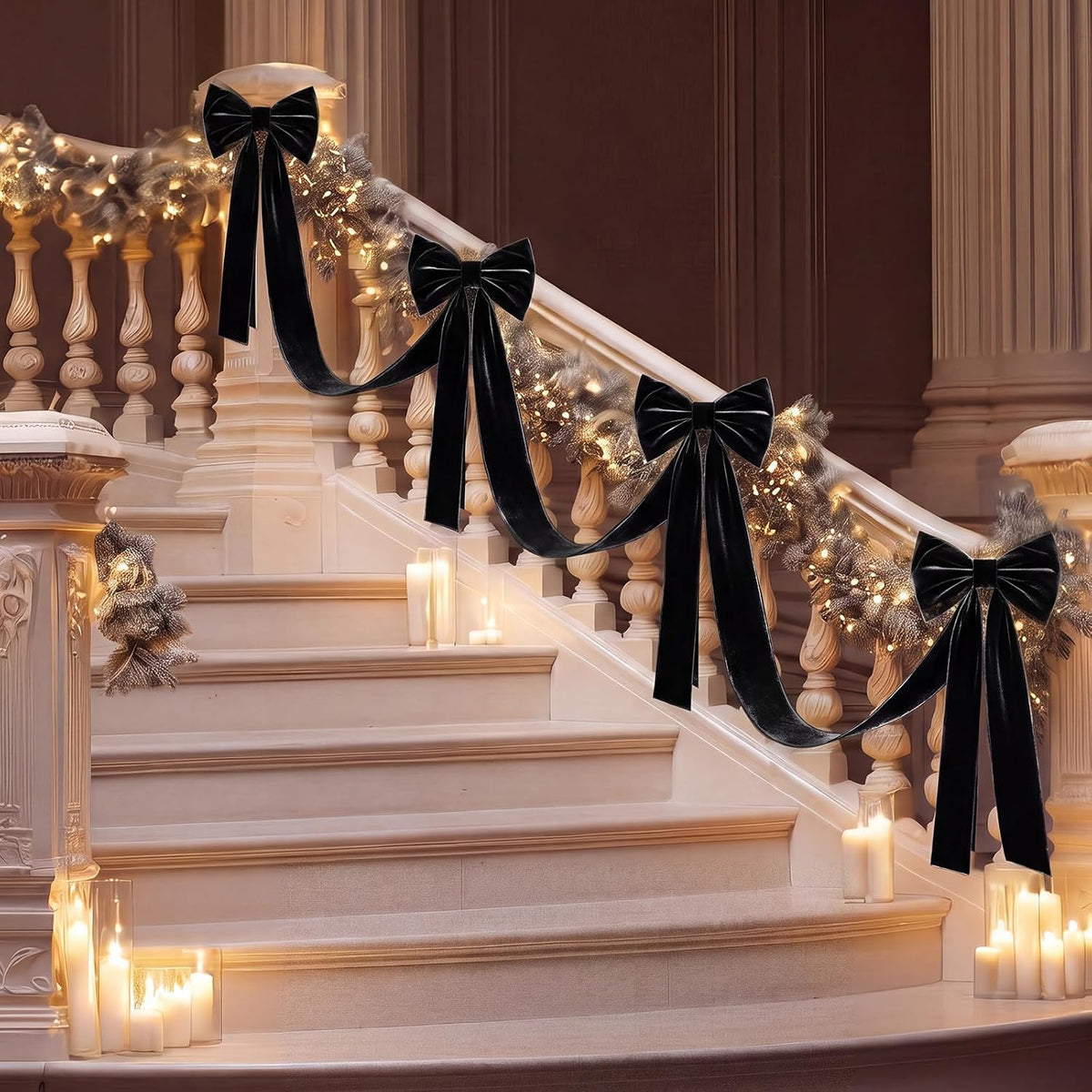 civaner 16.4 ft christmas velvet bow garland staircase, close-up detail