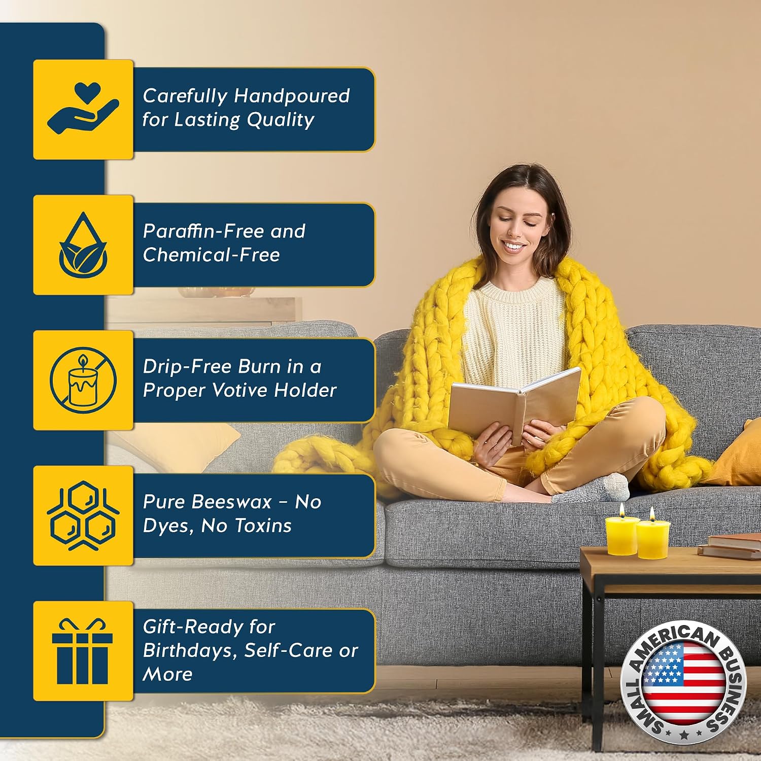 12 Pack of Beeswax Votive Candles - 100% Pure, Natural Beeswax with Natural Light Honey Scent - 15 Hour Burn - Alternative Imagination