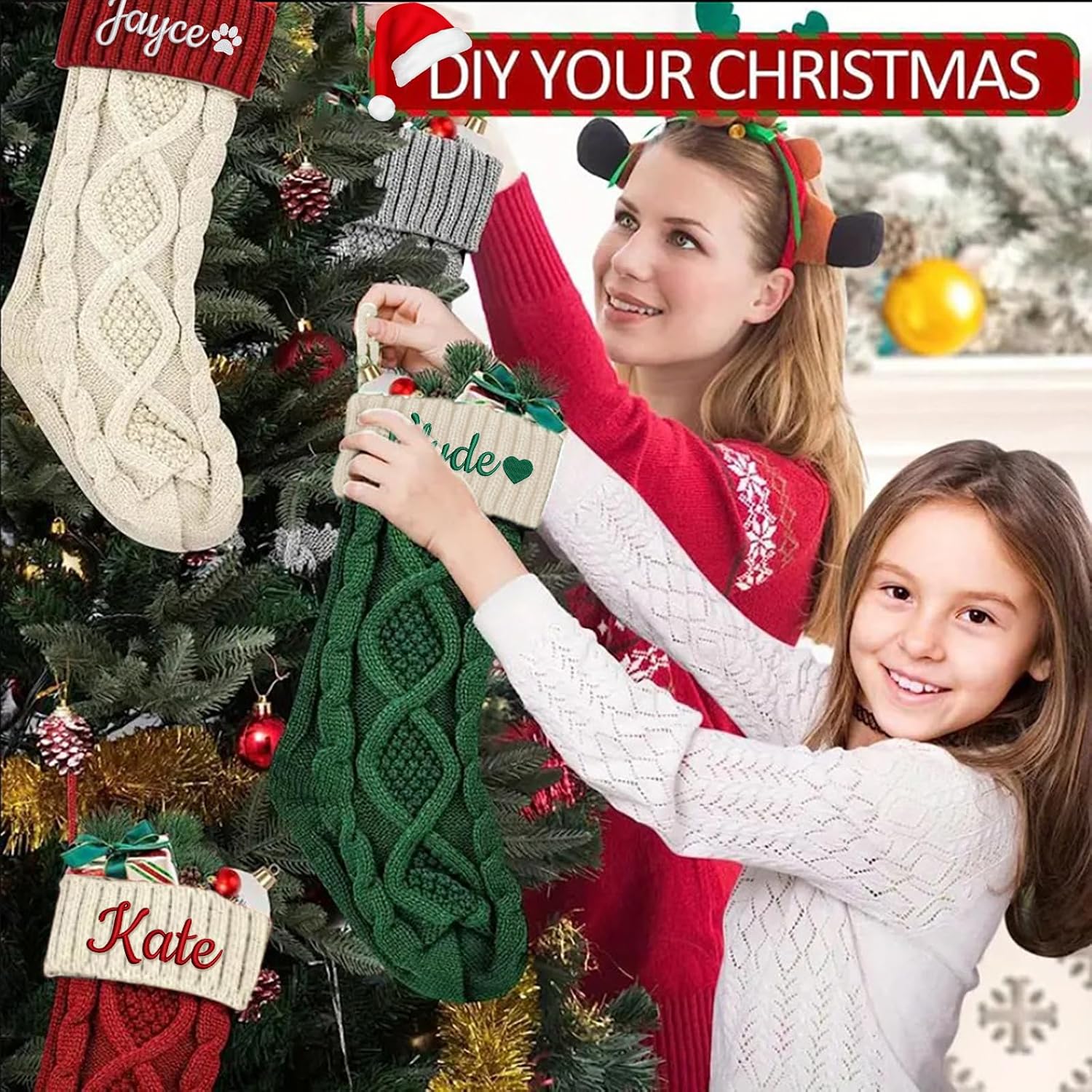 Dreamdecor Personalized Christmas Stockings with Names Monogram, 18” Large Family Knitted Xmas Stocking with Leather Nameplate for Kids, 1 Pack Customized Christmas Stockings for Fireplace Holiday