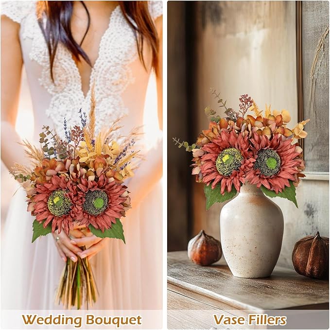 Silk Sunflowers Artificial Flowers with Mason Jar Centerpiece for Table Orange Red Fall Flowers in Vase Fall Floral Arrangement with Vase Thanksgiving Centerpiece for Dining Room Table Autumn Decor