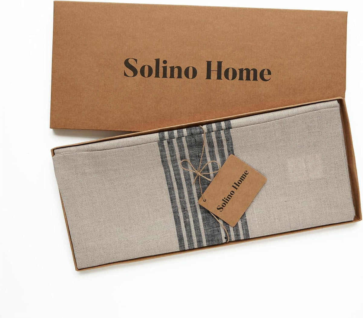 Solino Home 100% Linen Table Runner, 14 x 60 in, Black and Natural Striped
