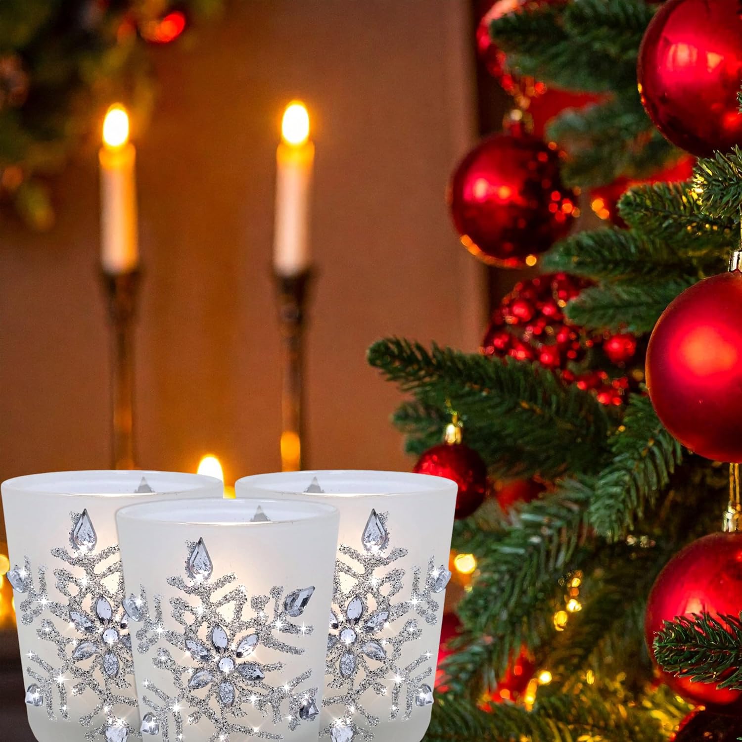 Snowflake Candle Holders with LED Candles, Set of 3 – Lighted Frosted Glass Votive Holders with Glitter Snowflakes and Jewel Accents – Christmas Table, Mantel and Holiday Decor – 2.75 Inch
