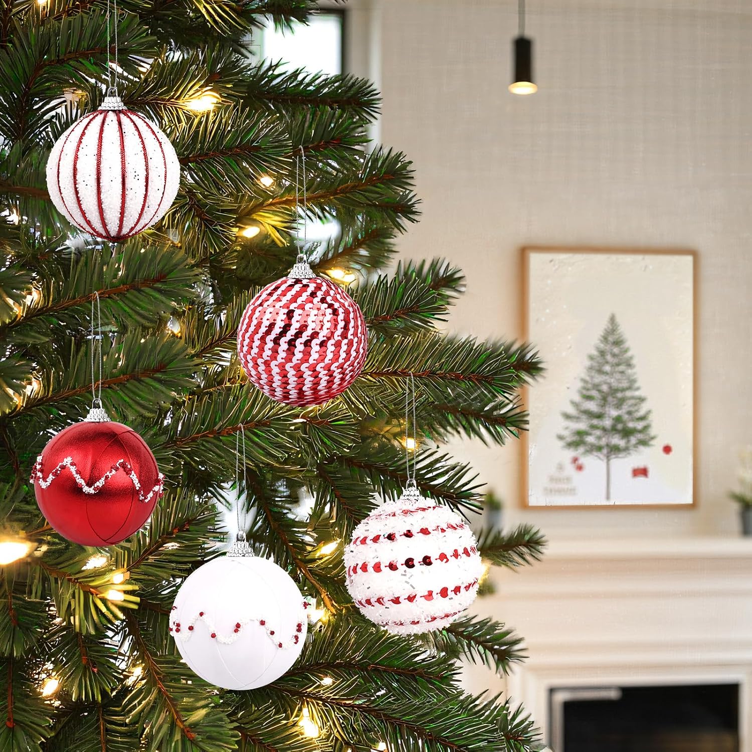 TranquilBliss Christmas Ball Ornaments, 3.14’’ 15 PCS Christmas Tree Decorations, Pre-Strung Hanging Balls Decorations for Xmas Tree, Wreath, Garlands, Holiday Party Home Decor (Red and White)