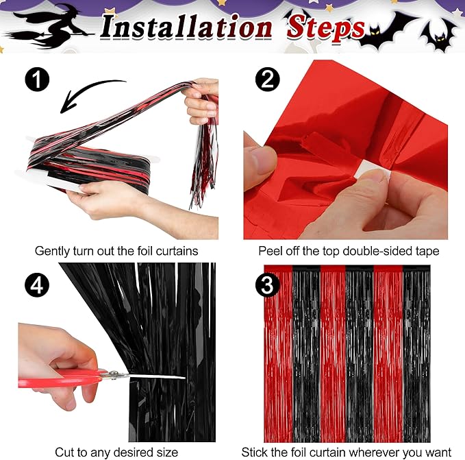 8 Pack Halloween Party Supplies, 3.28 FT x 7.05 FT Red and Black Foil Streamer, Metallic Fringe Curtains Tinsel Backdrop Party Streamer, Hanging Halloween Decorations Casino Party Decor