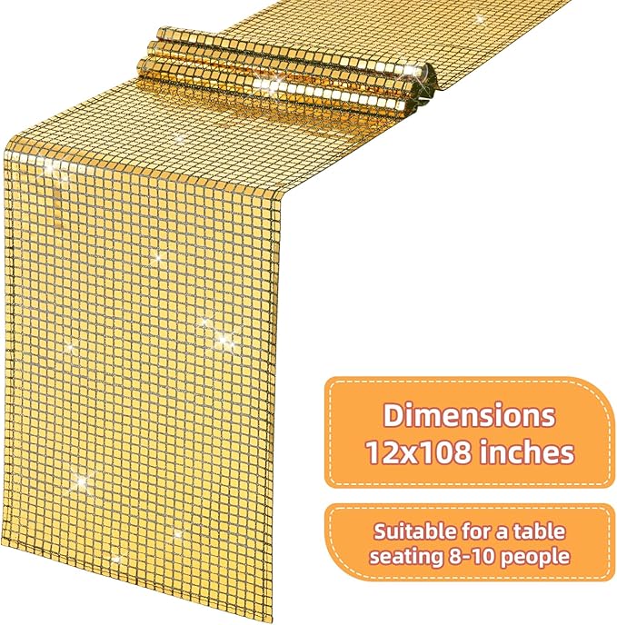 SquarePie Disco Table Runner Mirror Glitter Black and Gold Sequin Runner for 70s 80s Disco Dance Bachelorette Party Supplies Table Decorations (12x108 Inches ,2 Pack)