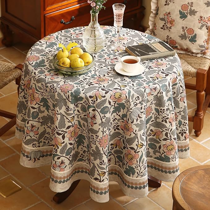 ISAENNE Designer Boho Floral Round Tablecloth,Linen Lotus Flower Pattern Colorful Indoor Table Cloth,Durable Decor Tablecloths for Dining Thanksgiving Kitchen Christmas,Diameter 67"-Hazel A