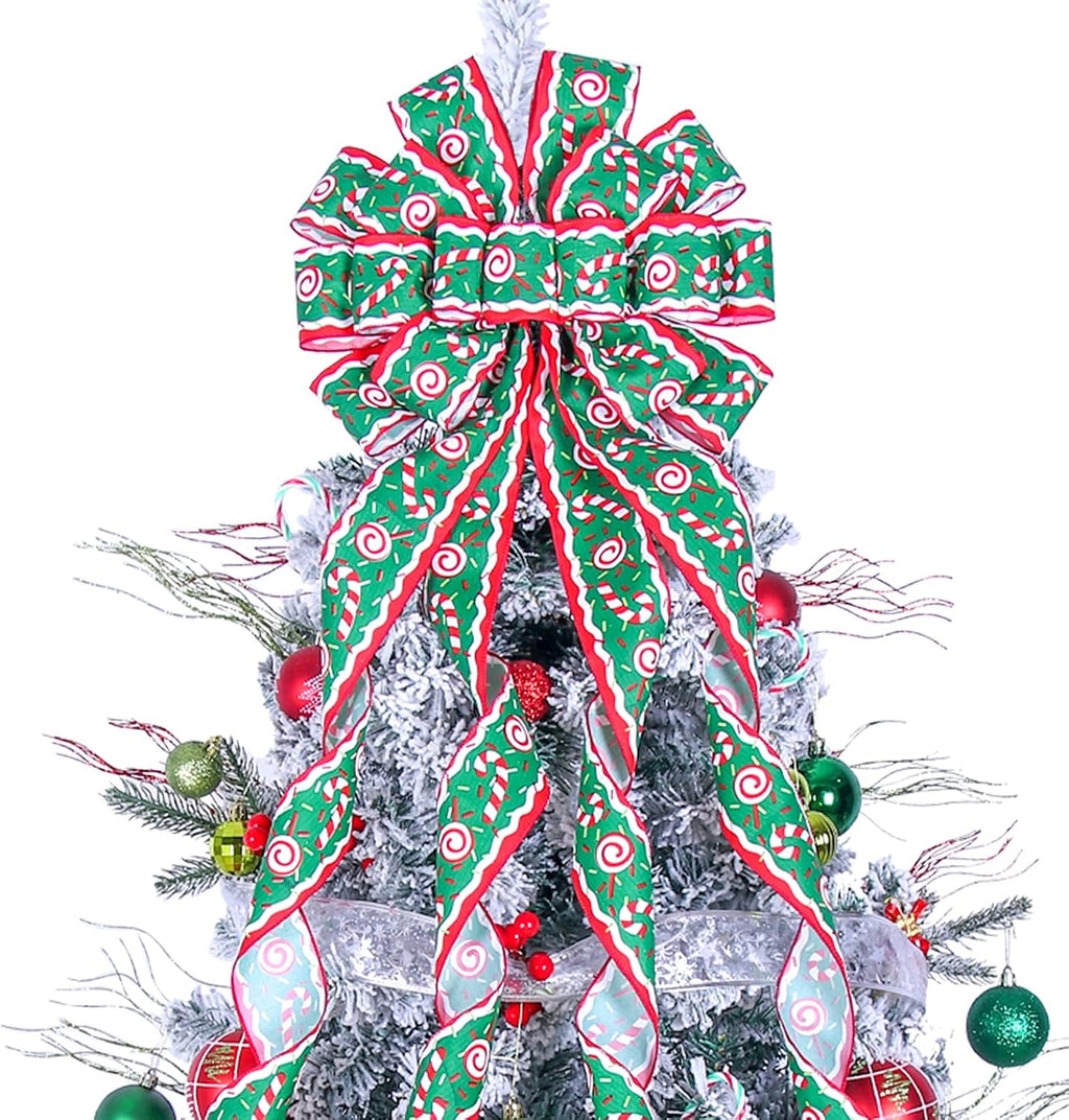 Christmas Tree Topper Wreath Bow Large Green Christmas Bow Tree Topper 52"x13" Red and Green Cane Patterned Gift Bows for Xmas Holiday Home Wedding Thanksgiving Indoor/Outdoor Decoration