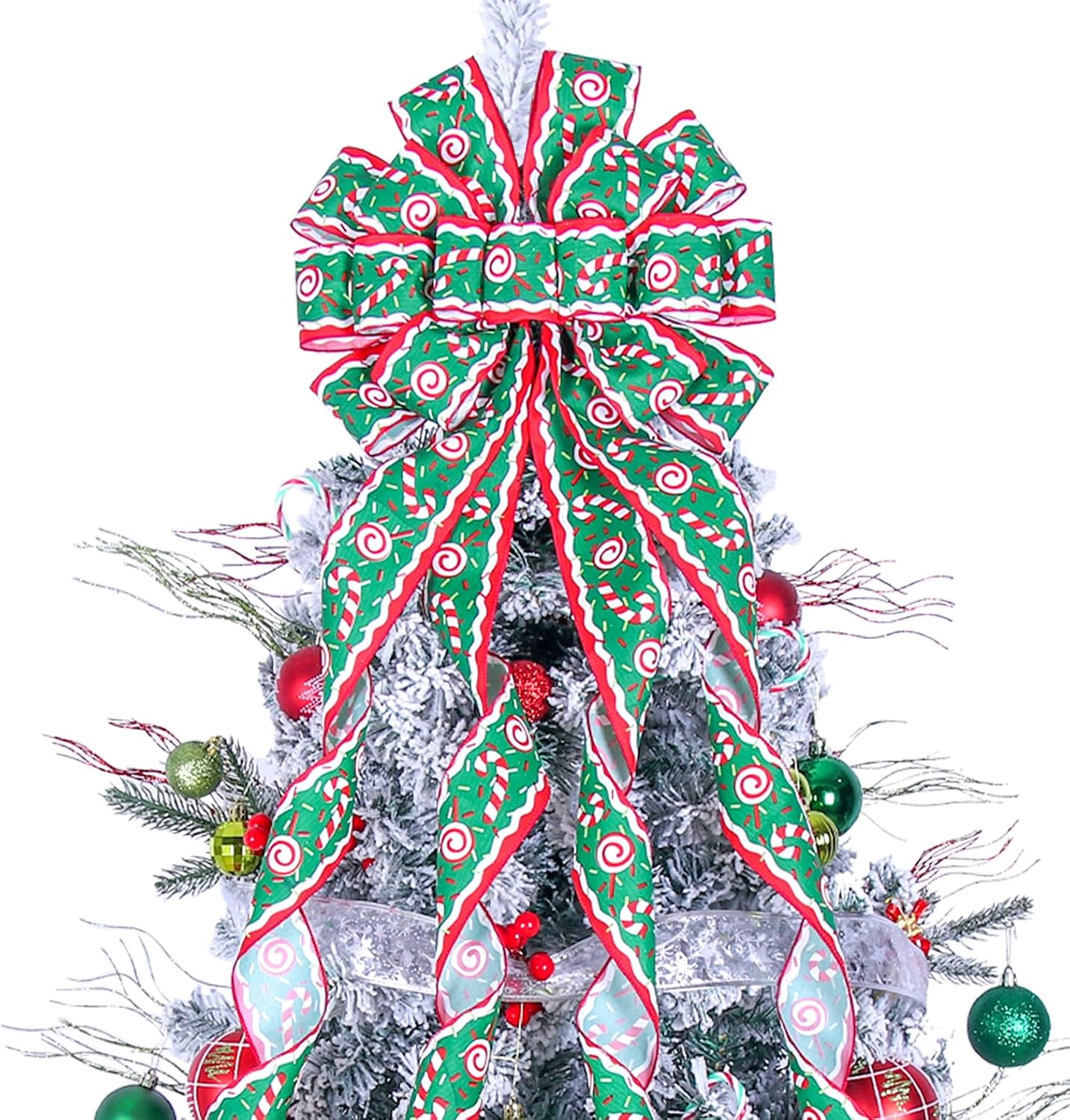 Christmas Tree Topper Wreath Bow Large Green Christmas Bow Tree Topper 52"x13" Red and Green Cane Patterned Gift Bows for Xmas Holiday Home Wedding Thanksgiving Indoor/Outdoor Decoration