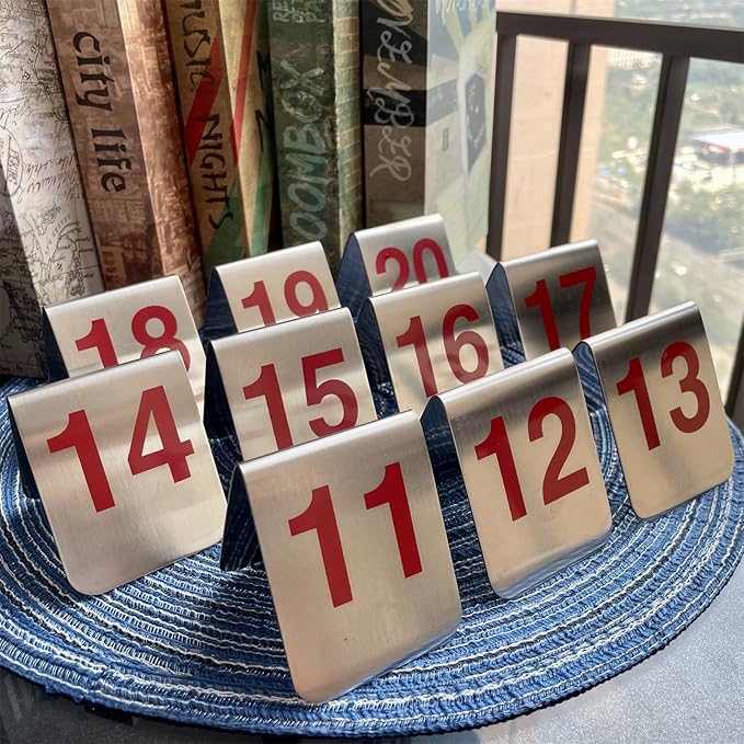 10 Pcs Metal Place Cards Stackable Tent Style Table Numbers，Place Card Holders for Celebration Wedding Party Restaurants Cafes Bars Gatherings meeting Room Board Game Serial (Medium 11-20, Red)