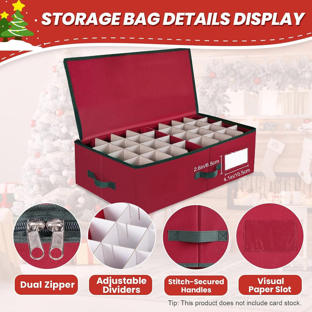BlessedSeason Christmas Ornament Storage Box -Stores Up to 64 3” Balls, Holiday Ornaments Storage with Adjustable Dividers, Visual ID Window, Dual Zipper, Handles, Stackable, Foldable Fabric Organizer