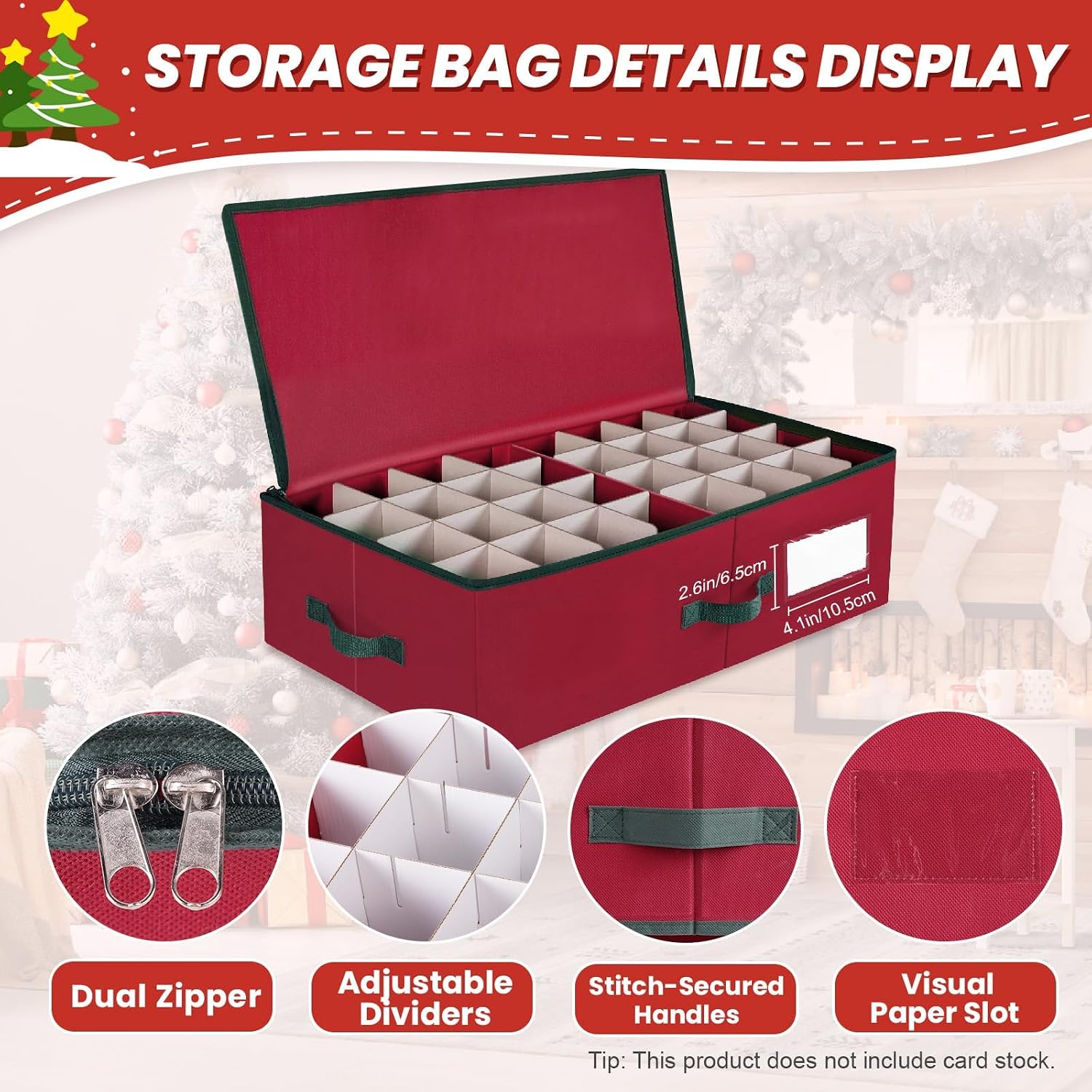 BlessedSeason Christmas Ornament Storage Box -Stores Up to 64 3” Balls, Holiday Ornaments Storage with Adjustable Dividers, Visual ID Window, Dual Zipper, Handles, Stackable, Foldable Fabric Organizer
