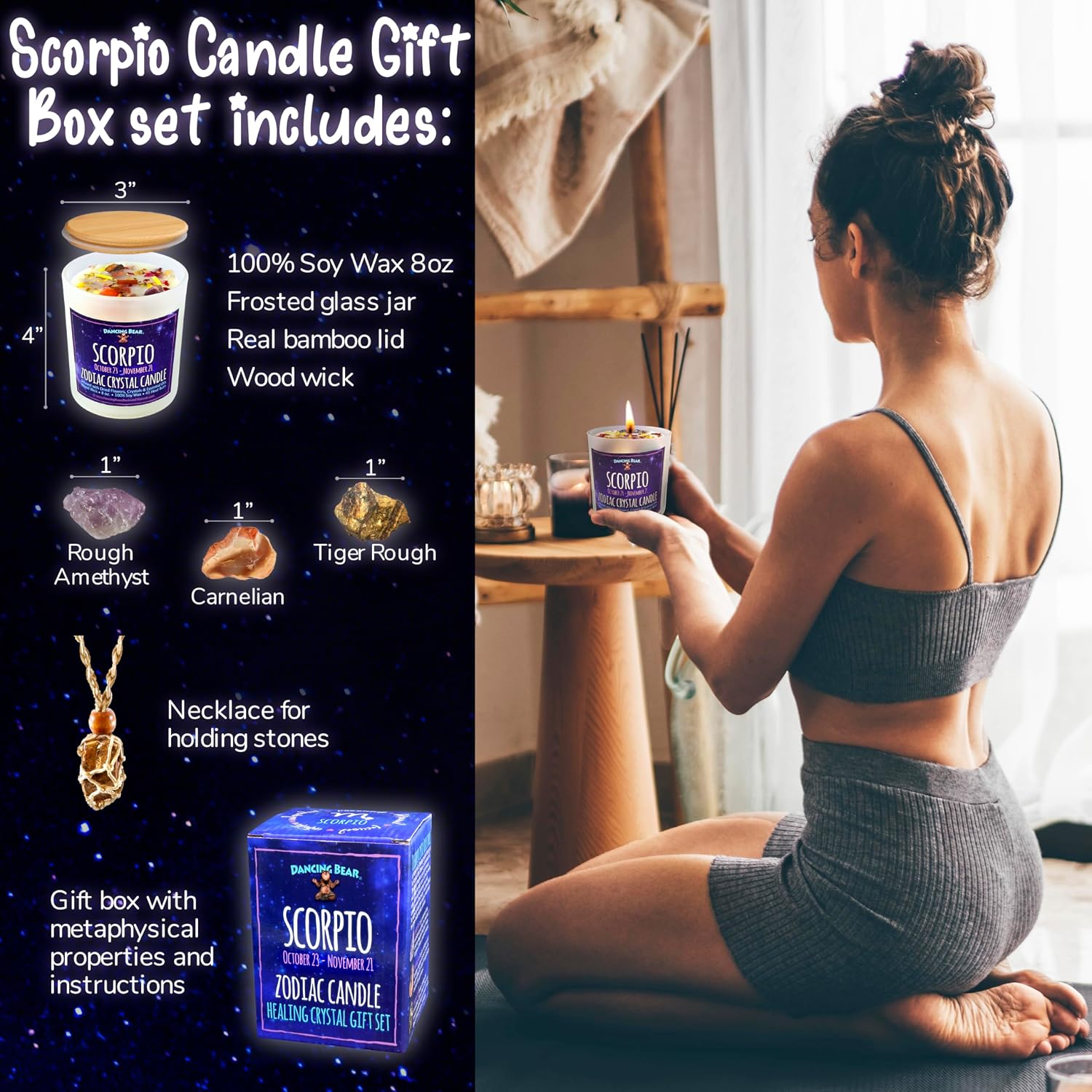 DANCING BEAR Scorpio Zodiac Candle Gift Box Set with 3 Healing Crystals & Stone Holder Necklace, 100% Soy Scented Wax, Crackling Wood Wick, 45 Hour Burn Time