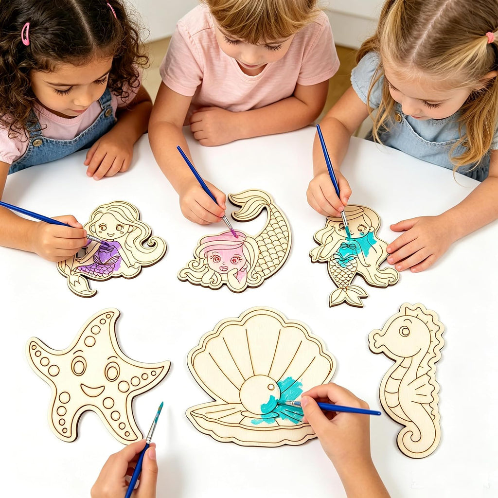 12PCS Mermaid Party Favors- DIY Mermaid Wood Painting Kits with Art Supplies – Fun Thank You Gifts, Birthday party& Goodie Bag Stuffers