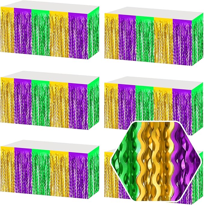 6 Pack 29 x108 Inch Gold Green Purple Wave Foil Fringe Table Skirts Metallic Banner for Tinsel Streamer Garland Backdrop for Parade Floats, Mother's Day, Easter, Wedding, Birthday Party Decoration