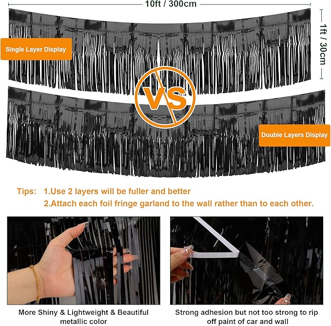 4 Pack Black Float Fringe Curtains, Metallic Foil Fringe Garland Shiny Tassel Foil Parade Float Decorations for Trailer Car Graduation Homecoming Outdoor Indoor Party
