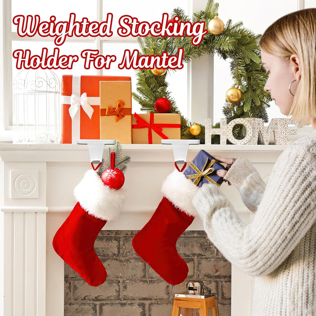 HMASYO Christmas Stocking Holders for Mantle Set of 2, White Heavy Duty Iron Stocking Hangers Base, Low Profile Weighted Stocking Holder Hooks for Fireplace Tabletop Shelf Christmas Decoration