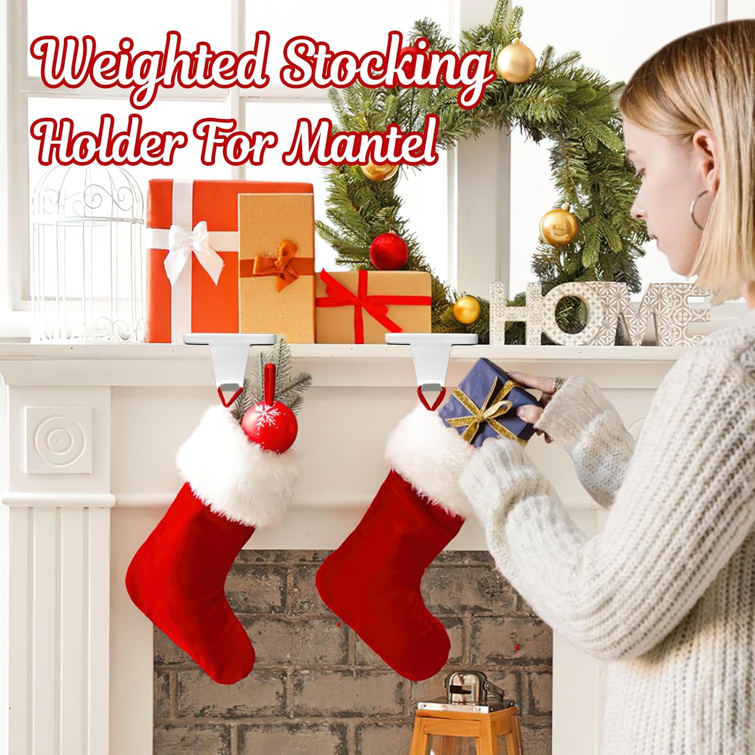 HMASYO Christmas Stocking Holders for Mantle Set of 2, White Heavy Duty Iron Stocking Hangers Base, Low Profile Weighted Stocking Holder Hooks for Fireplace Tabletop Shelf Christmas Decoration