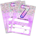 7Th Birthday Invitation Cards, Holographic Balloons Double-Sided Fill In Style Birthday Invites With Envelopes, Glitter Purple 7 Years Old Invitations For Girls, Teen, Party Favor & Supplies - A09