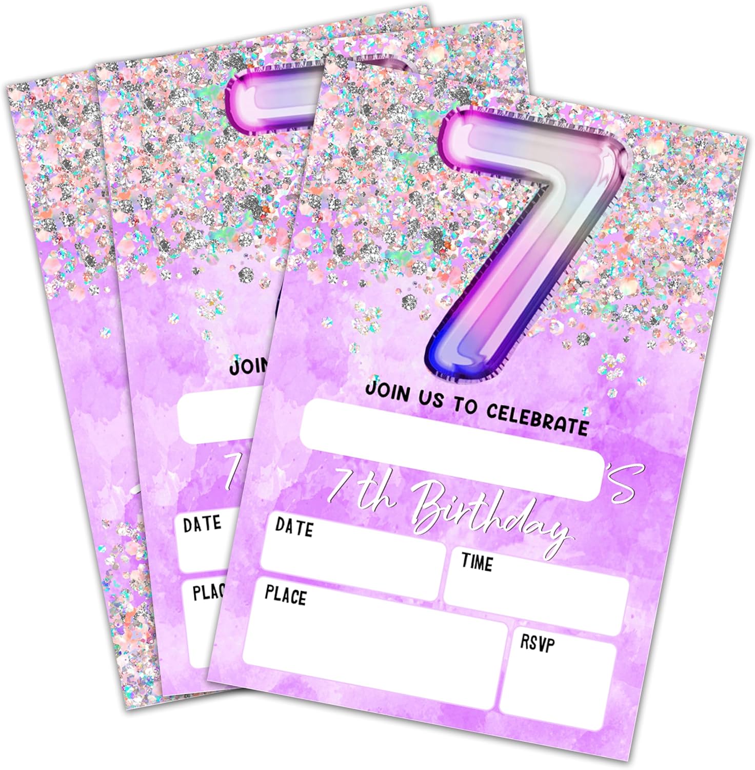 7Th Birthday Invitation Cards, Holographic Balloons Double-Sided Fill In Style Birthday Invites With Envelopes, Glitter Purple 7 Years Old Invitations For Girls, Teen, Party Favor & Supplies - A09