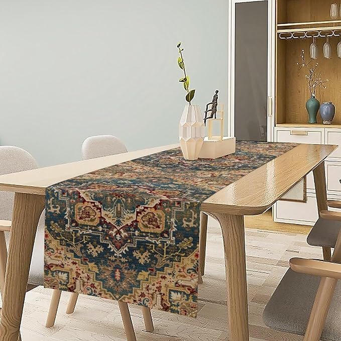Boho Bohemia Style Table Runner, Country Rustic Farmhouse Vintahe Colorful Geometry Print Table Runner for Home Kitchen Dinner Party Holiday Decor, 13x70inch