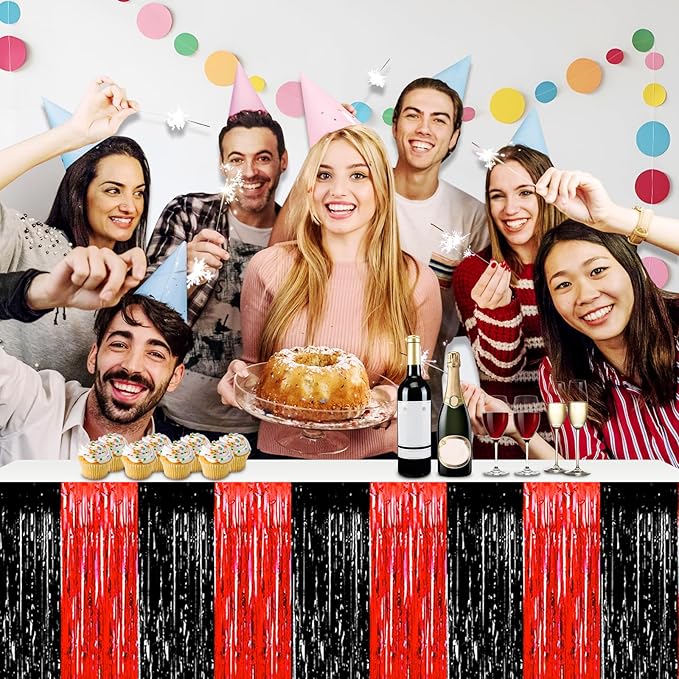 3 Pack 29x108 Inch Black Red Foil Fringe Table Skirts Metallic Banner for Tinsel Streamer Garland Backdrop for Parade Floats Wedding Thanksgiving Birthday Christmas Halloween Party Decoration