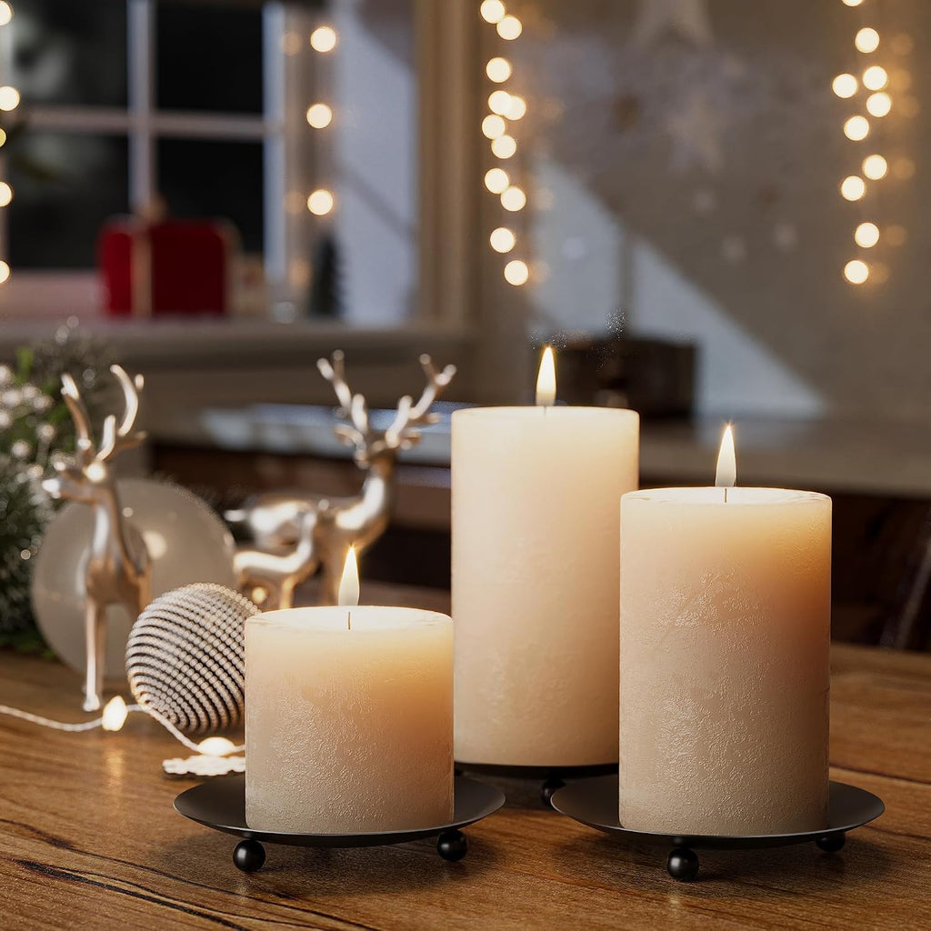 Black Candle Holders for Pillar Candles, Set of 2 Premium Metal Candle Plates Candle Stand for LED or Wax Candles, Decorative Pillar Candle Holder Dish for Table Centerpiece