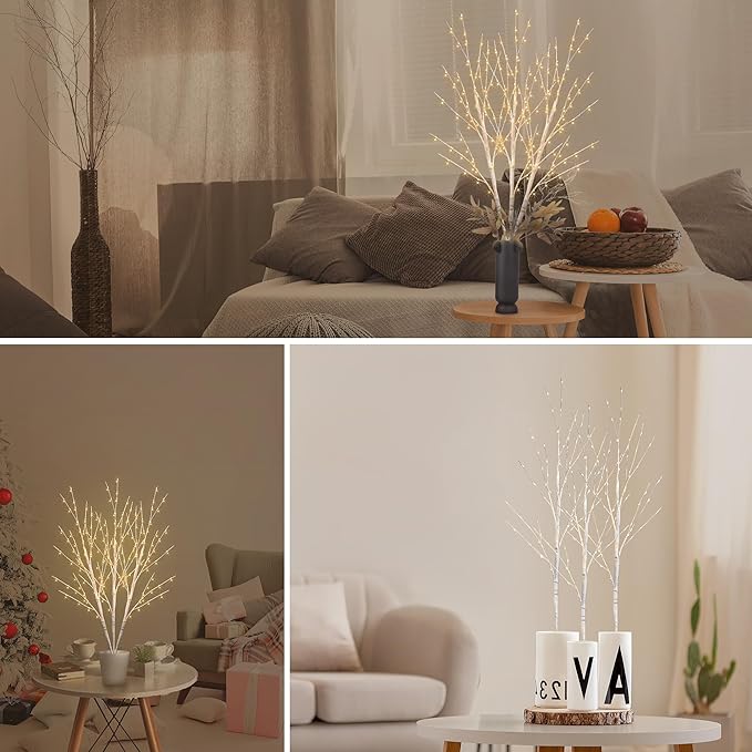 Bexdir Lighted Birch White Tree Branches 33IN 180LED with Timer Plug in, Artificial Tree White Birch Twig for Christmas Home Decor Party Wedding Bedroom