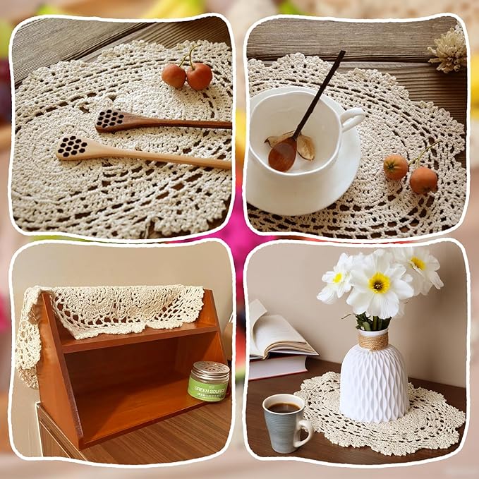 2-Pack Vintage Lace Placemats - 10x14 Inch French Crochet Lace Doilies, Handmade Embroidered Oval Table Mats for Dining, Tea Party, Wedding Decor, Furniture and Home Decoration (Beige)