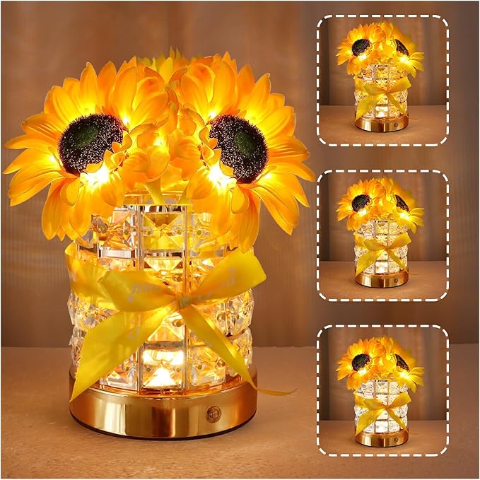 Birthday Gifts for Women/Mom Sunflower Cordless Table Lamp,3 Color Crystal Lamps Touch Bedside Lamps Infinitely Dimming with USB Charge Small Night Light,Nightstand Lamp for Bedroom (Round)